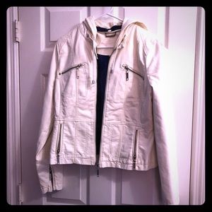 White leather (faux) with detachable hood.